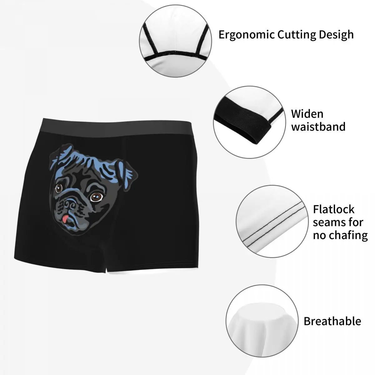 Boxer Underpants Shorts Black Pug Panties Male Breathable Underwear for Homme Man Boyfriend Gift