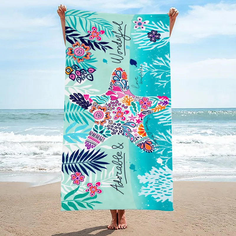 1pc 59in/150cm Blue Starfish Water Ripple Summer Seaside Seaweed Bath Towl Sandproof Beach Towel - Quick-drying Lattice