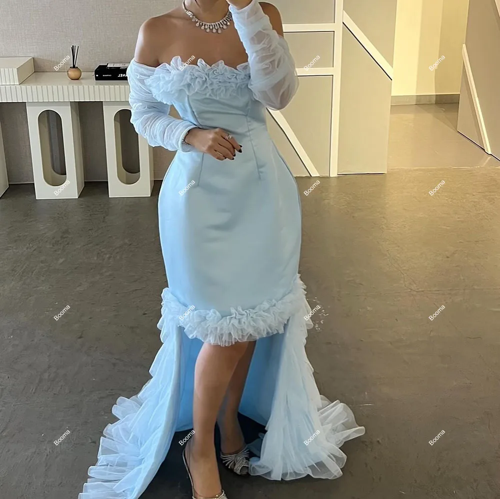 Booma-Robe de soirée formelle bleu clair pour femme, col bateau, manches longues, robes de soirée sirène, froncé, à plusieurs niveaux, Rh, quoi que ce soit