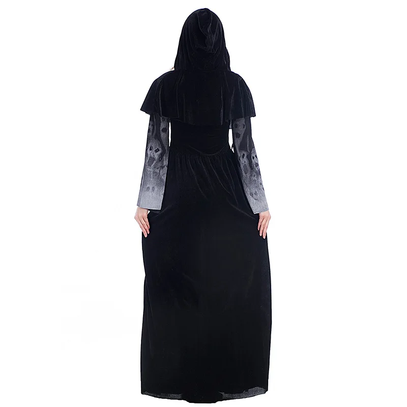 New Halloween Costume For Women: Witch Vampire Queen And Sorceress Dress With Skull Print For Performance And Party