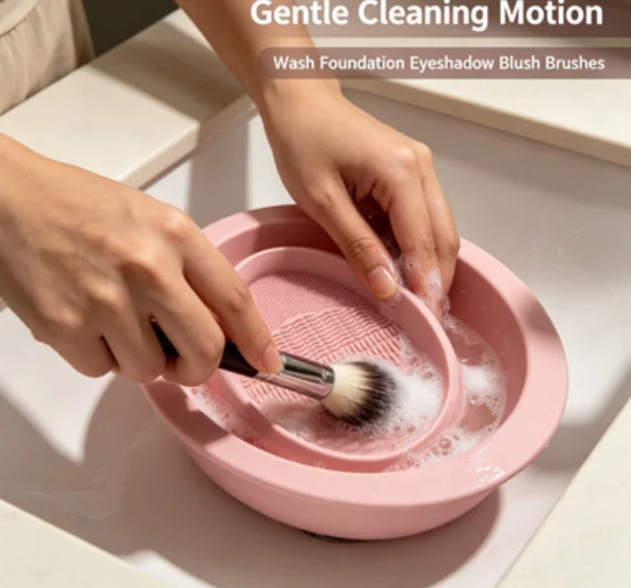 Flexible Silicone Makeup Cleaning Bowl Set, Textured Surface Wash Tray for Beauty Brushes & Sponges, Reusable Easy-Clean Space-Saving Cosmetic Care Accessory view 5