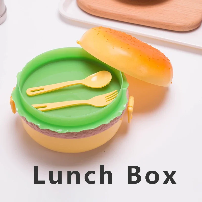 Hamburger Shaped Bento box Cute Kids Lunch Box with Tableware Heat Resistant Multi-layers Food Container for Students Children