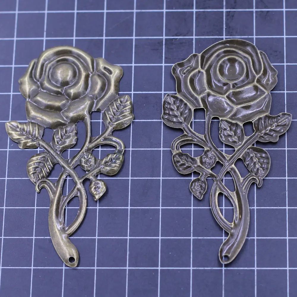 10Pcs Embellishments Rose Flower Pattern Filigree Wraps Alloy Vintage Bronze Tone Pendants Jewelry DIY Finding 77mm