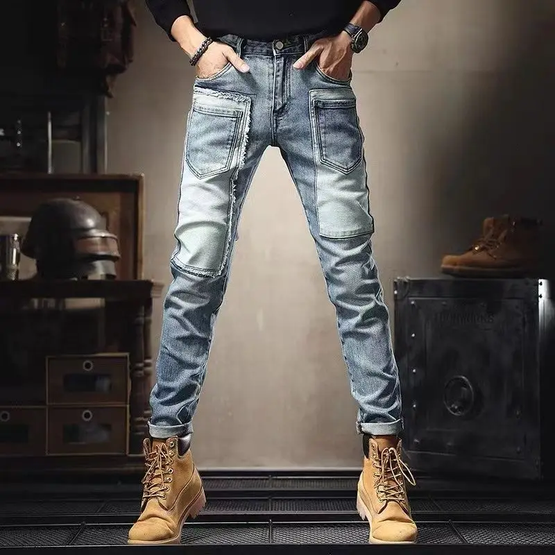 

New Spring Autumn Denim Jeans Pants Men 2000s Clothes Korean Style Polished Fashion Cargo Stretch Slim Patchwork Casual Trousers