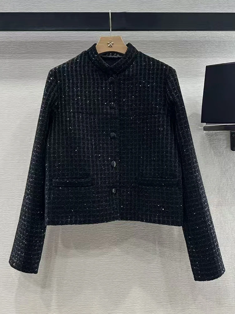 2025 spring women's new vintage plaid beaded stand collar single breasted short coat Fashion everything straight jacket jacket