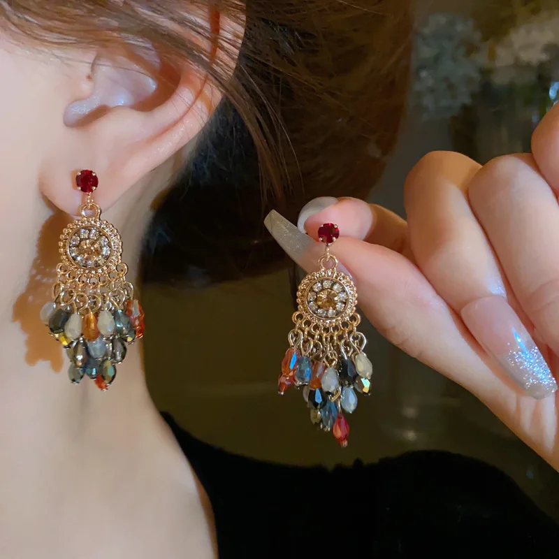 Vintage Colorful Rhinestone Water Drop Earring for Women Imitation Pearl Crystal Beads Earrings with Tassel Ear Jewelry K-