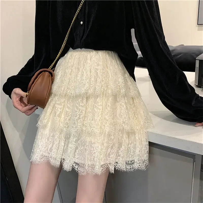 Women Romantic Lace Floral Skirts All-match Ball Gown Elegant Ulzzang Lovely Skirt Chic Slim Summer Korean Style Kawaii Lady