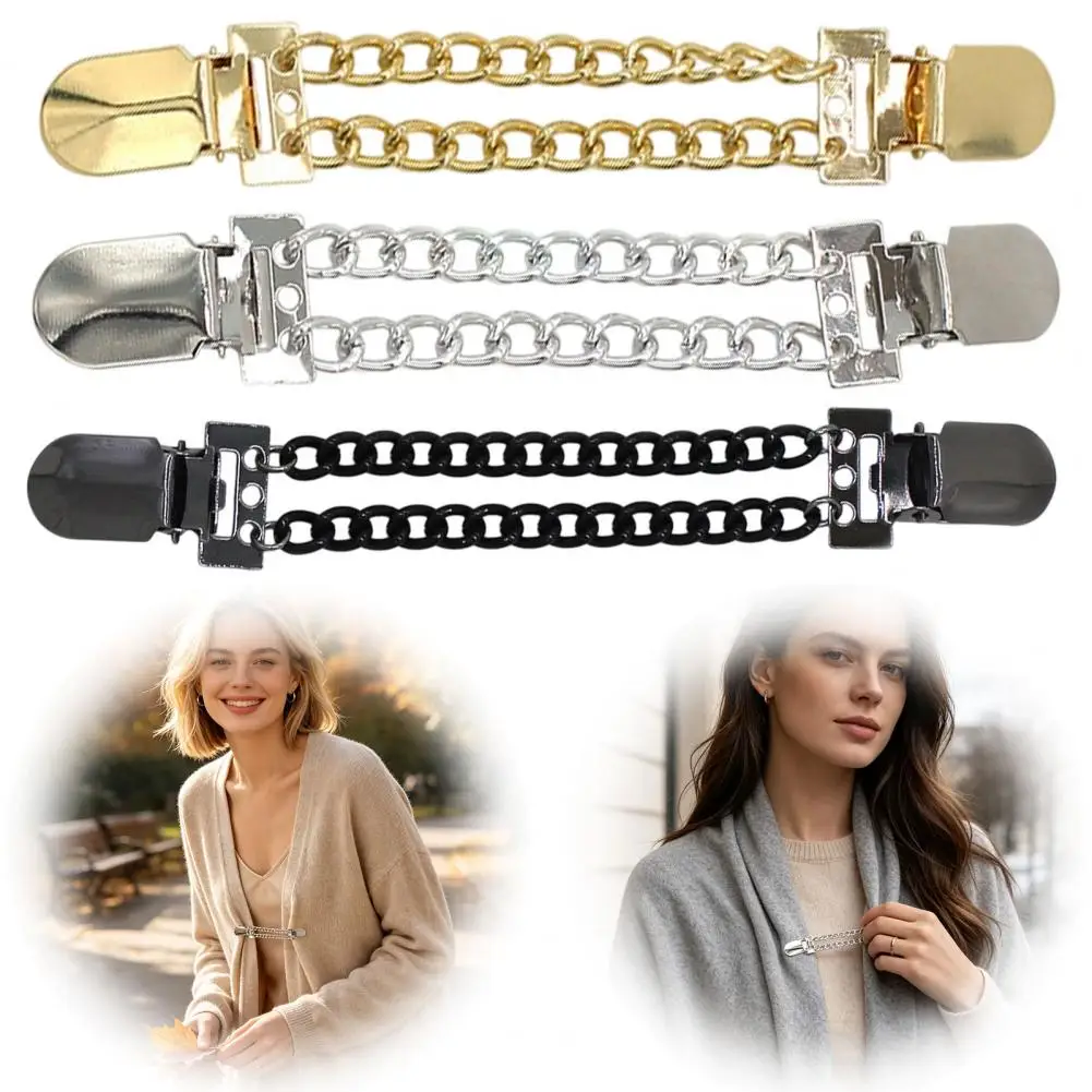 3Pcs Vintage Sweater Clips for Women, Retro Double Chains Cardigan Clips,Waist Cincher for Loose Tops, Metal Clothing Brooch