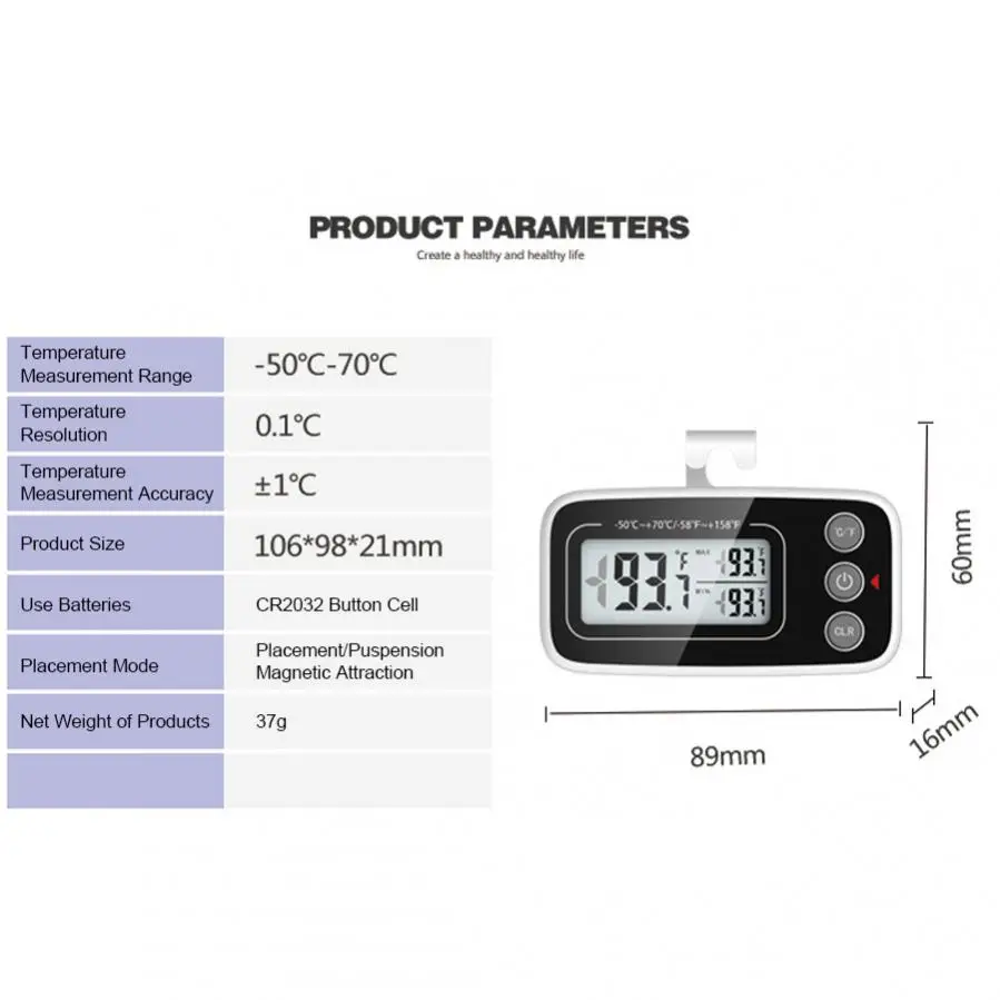 Thermometer LCD Digital Thermometer Freezer Thermometer High Low Temperature Magnet Adsorption Hook Fahrenheit Celsius