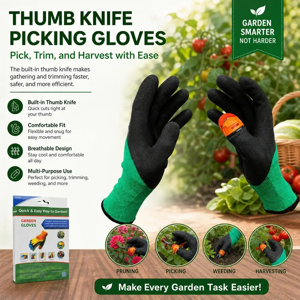 Garden Harvesting Gloves with Thumb Knife Finger Cutter for Picking Pepper Berry Strawberry Fruit Picking Tool
