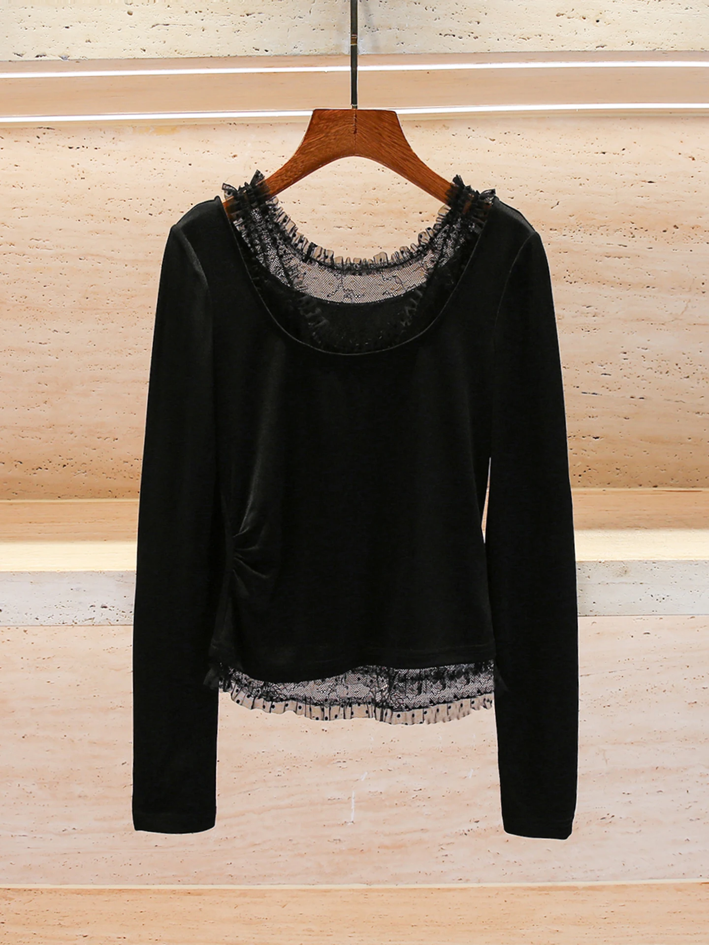 

Ele Lace Splice Slim Fit Knitted Top High End Women's Faion Autumn Design Sense South Oil Premium Women's Wear