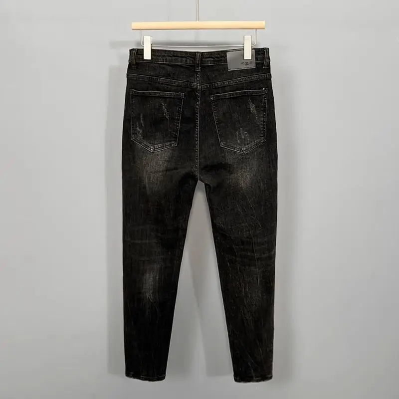 

New 2025 Black Men's Black Korean Elastic Slim-fitting Summer Washed Retro Trend Scratched Pants Cargo Clothing Jeans Men