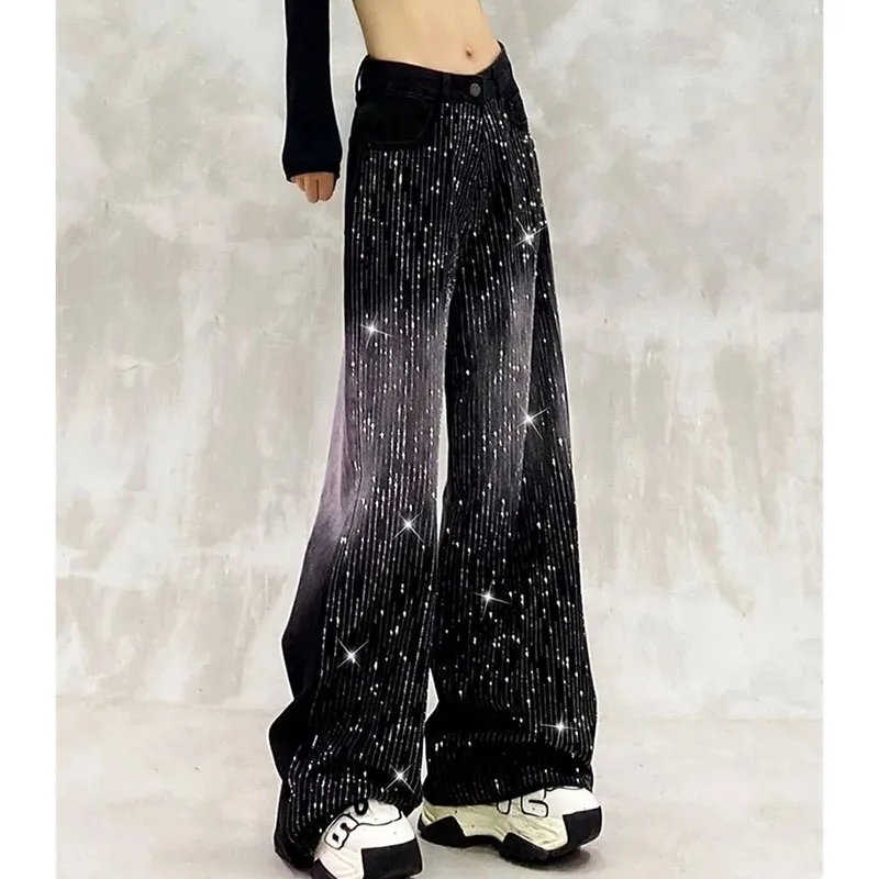 

Осенне-зимние женские повседневные джинсы с градиентом, широкие ковбойские брюки, американские женские джинсы с высокой талией и звездным принтом