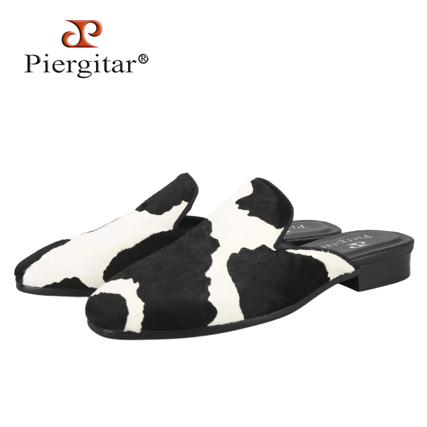 Piergitar Customized Milk Cow Pattern Horsehair Men's Mules For Fashion Show And Party Wear Handmade Slip-On Slippers Plus Size
