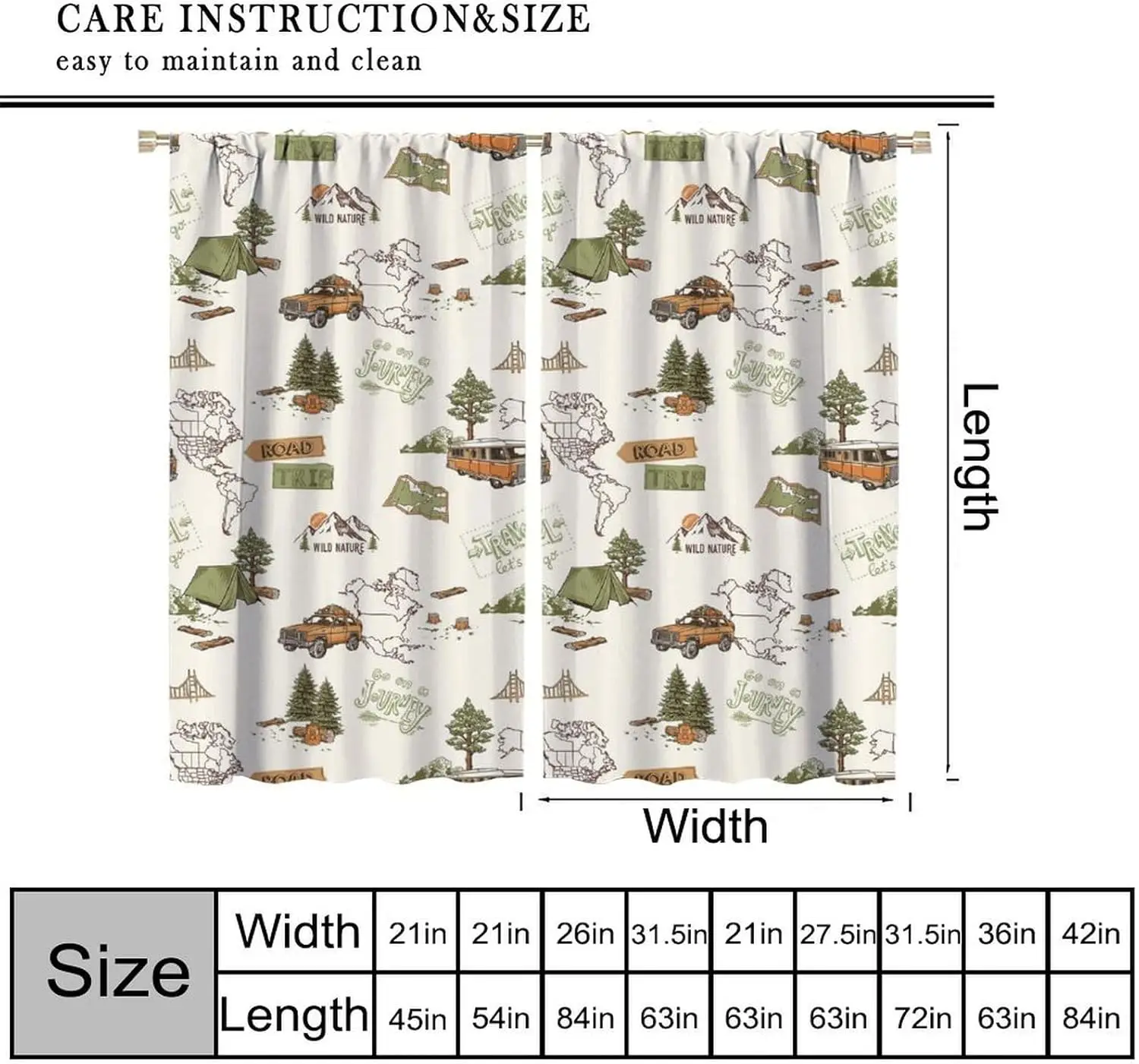 Camping Window Curtains, Rustic Jeep Tent Map Outdoor Theme Rod Pocket Drapes for Kitchen Living Room Dinning Room Bedroom