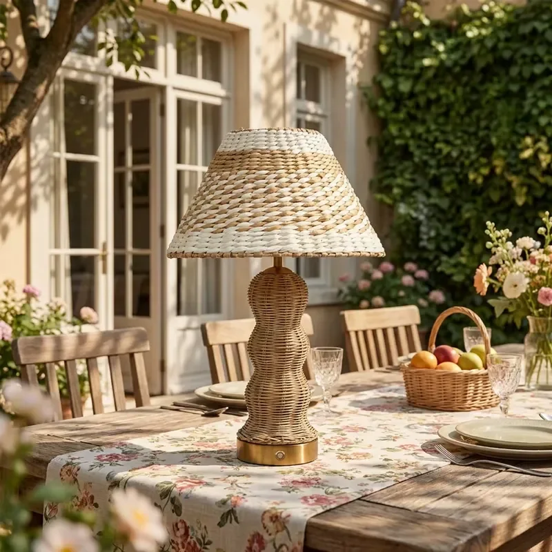 Rattan Rechargeable Desk Lamp Bamboo Shade Dimmable LED Cordless Table Light for Home Hotel Wedding Decoration
