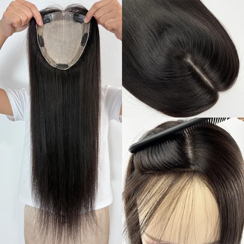 Imagen 2 del producto Topper de cabello humano de densidad 150% de doble estiramiento, Base de seda de extremo grueso, peluquín de mujer de PU de 2cm con Clips en piezas de cabello, parte superior de piel de silicona