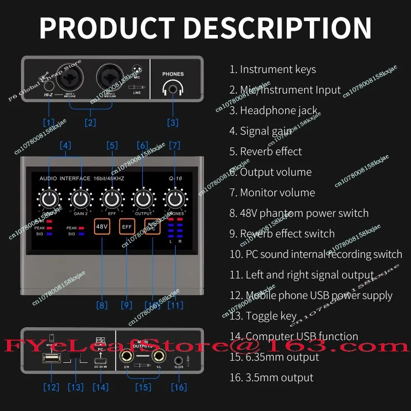 XTUGA Q-16 High Quality Recording Studio Sound Card USB Audio Interface Wired Microphone Computer