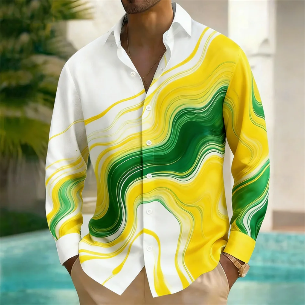 

Men's Fashionable Colorful Ink Painting Long Sleeved Shirt Loose Top Outdoor Casual Retro Style Striped Comfortable Men Shirt