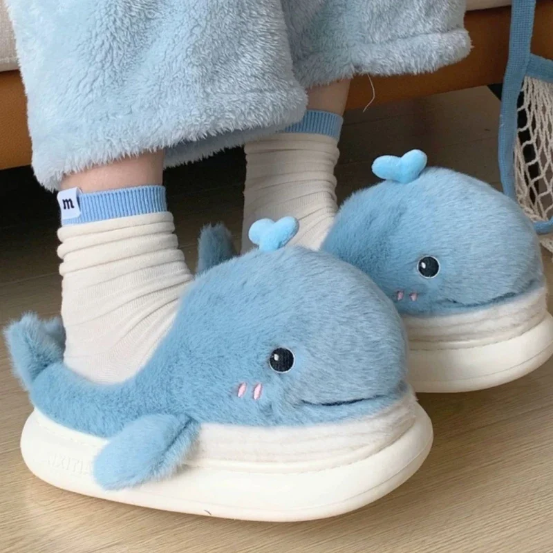 Winter Women's Plush Slippers Creative Cartoon Little Whale Indoor Plush Insulation Kawaii Animals Indoor House Cotton Slippers