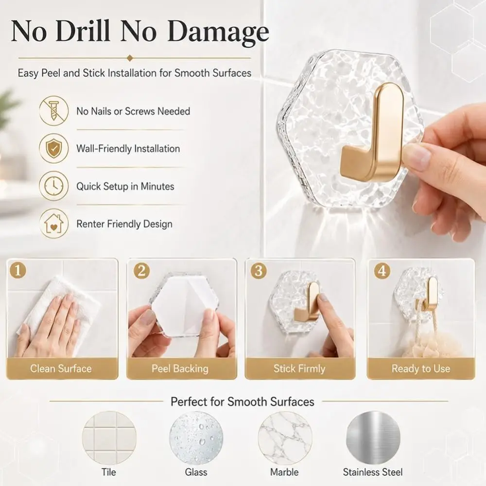 5Pcs Hexagonal Shape Self Adhesive Hooks Heavy Duty Water Ripple Texture Wall Hooks Rustproof Waterproof No Drill Hooks