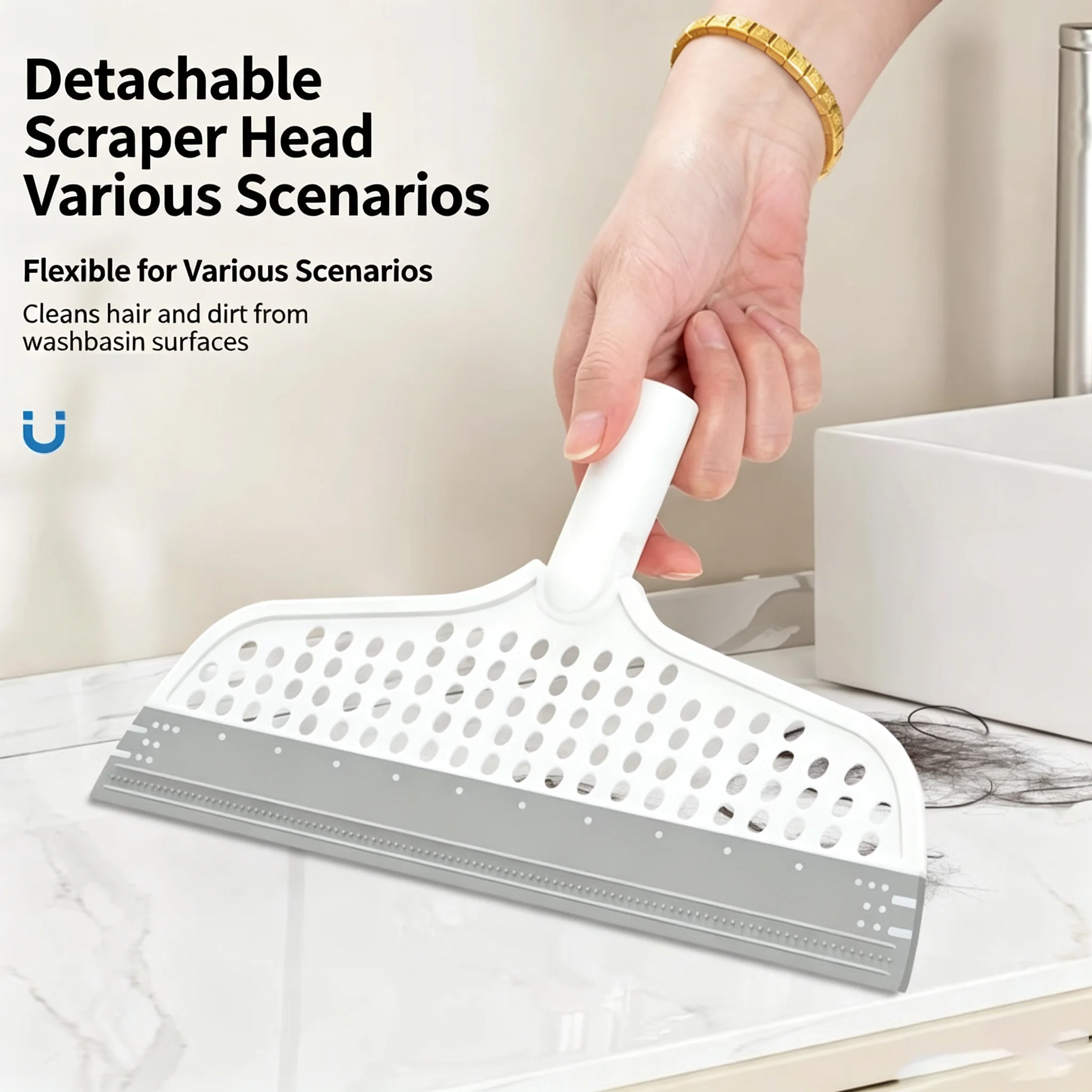 Floor Scraper, Glass Scraper, Household Cleaning Tool, Glass Wiper, Floor Hair Cleaning Supplies, Durable Handle, Magic Broom, Double-Sided Silicone Scraper, 180 ° Angle Design, Easy to Store, Suitable for Various Cleaning Scenarios
