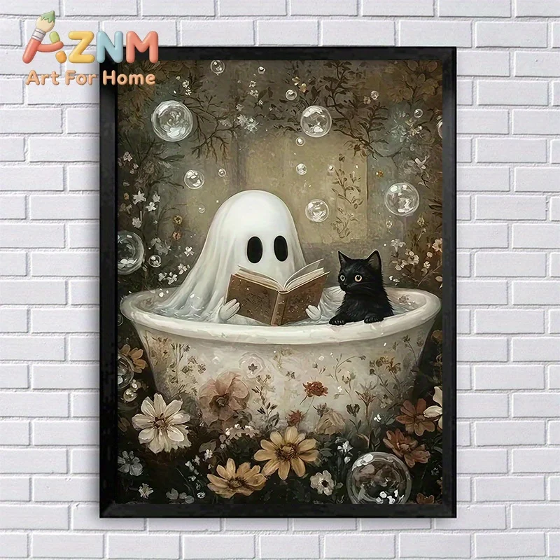 No Framed Canvas Ghost Reading in Bathtub Art Print Posters, Cute Halloween Ghost with Black Cat Design, Cozy Halloween Decor, F
