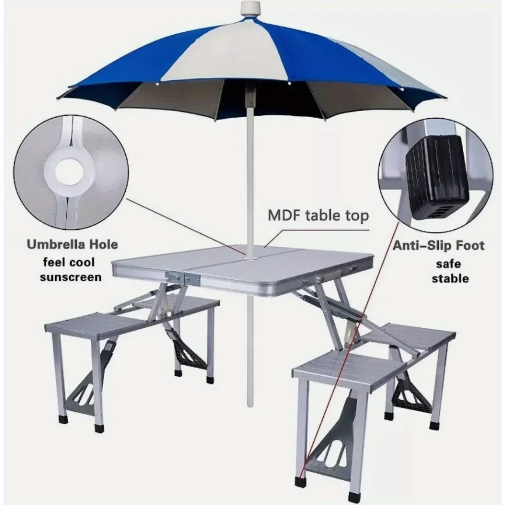 Folding camping table and chair set with 4 umbrella holes, suitable for parties, barbecues and beaches