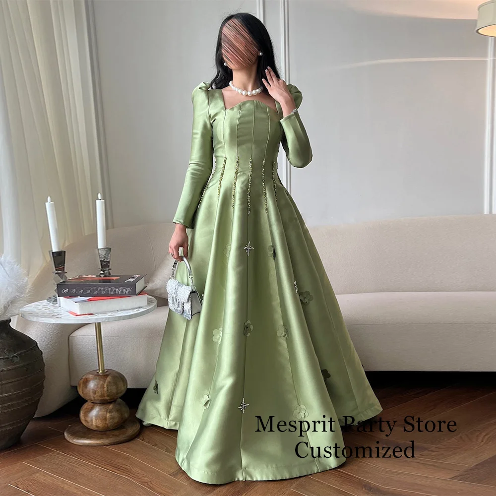 Olive Green Prom Dress Arab Party Gown Customized Long Sleeves Beading Pearls A Line Satin Evening Dresses فساتين سهرة