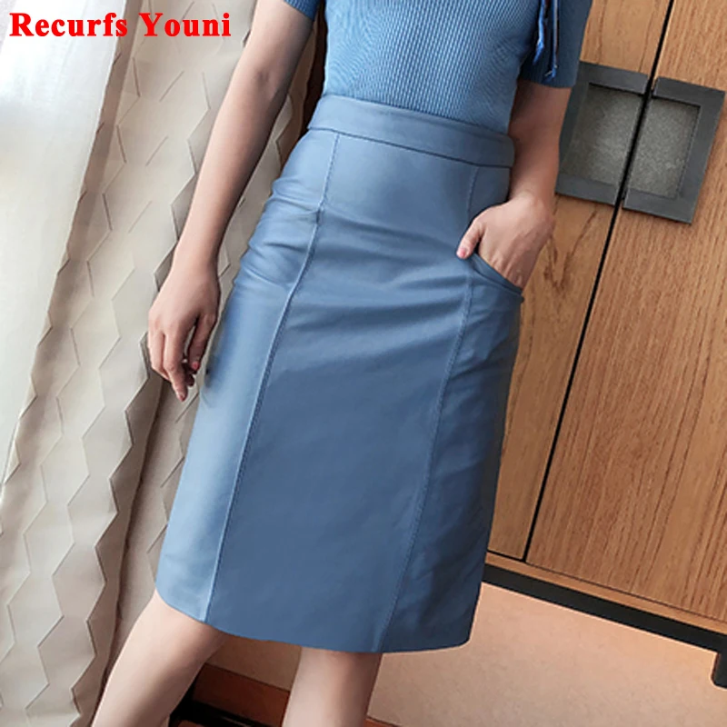 NEW Winter Women Genuine Leather Midi Long Skirt OL Elegant Simple Slim Saia Mujer Green/Black Sexy Wrap Jupe Street Wear Faldas