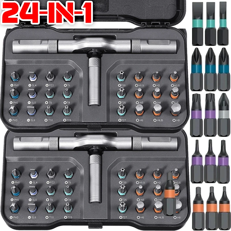 

24 In 1 S2 Magnetic Screwdriver Set Household Repair Tools DIY Multifunctional Detachable T Ratchet Wrench Handle Magnetic Bits