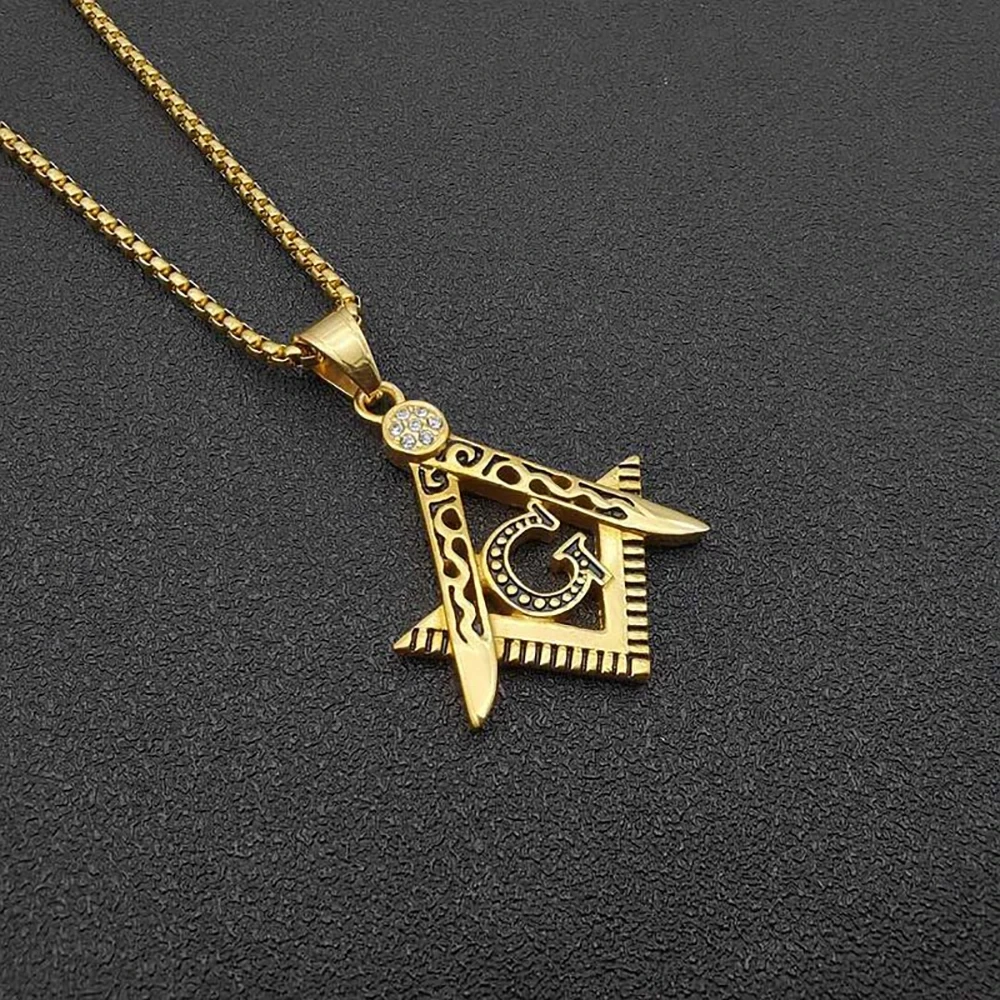 Hip Hop Iced Out Mason Necklaces Pendants Gold Color Stainless Steel Chain For Women/Men Masonic Symbol Jewelry XL1079