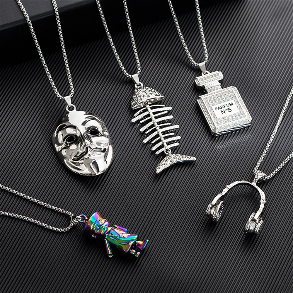 20Pcs/Lot Fashion Trendy Skull Robert Smile Face Pendant Stainless Steel Sweater Chain Necklace for Men Women Jewelry Gifts image 2