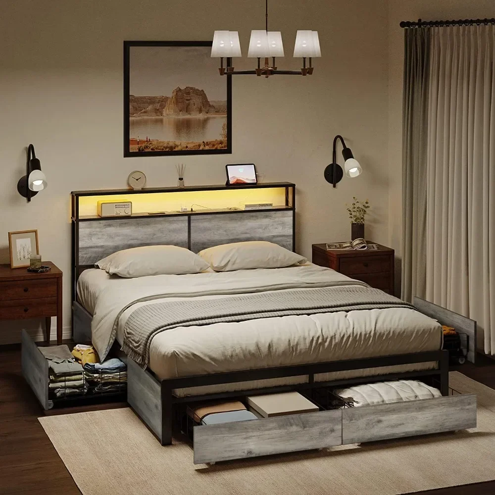 

King Bed Frame with Storage Headboard and 4 Drawers LED Lights Metal Platform