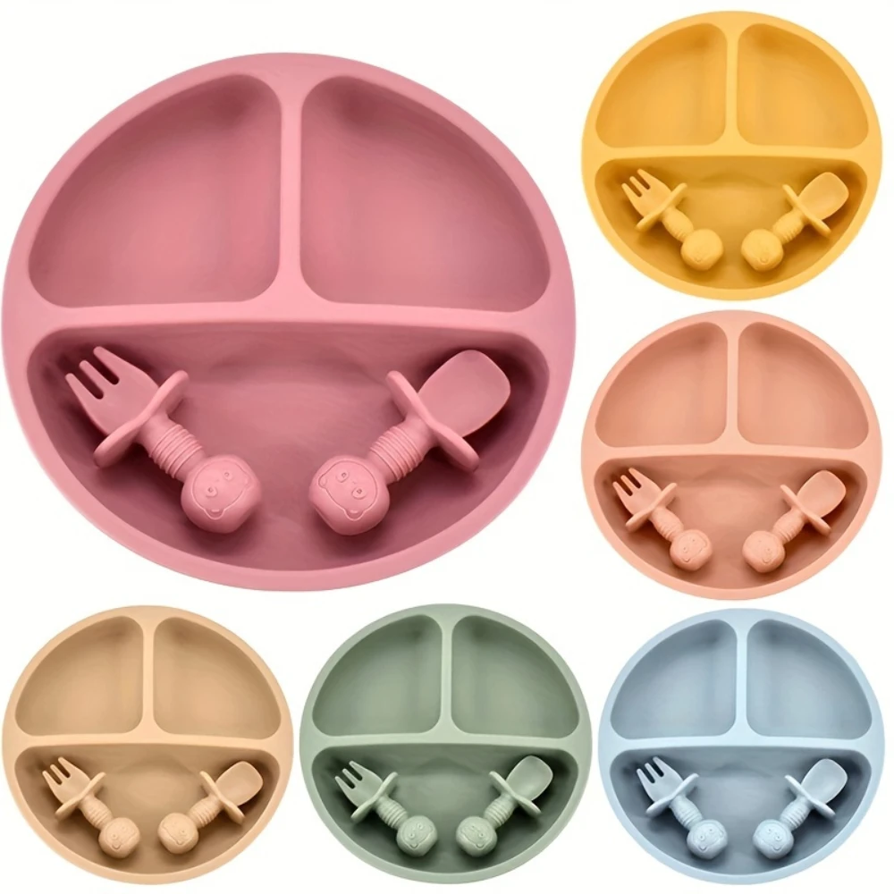 Baby Silicone Plate Set with Smile Face Design, Non-Slip Toddler Divided Plate, Fork & Spoon, Bpa-Free,For Baby 0-3 Years Old