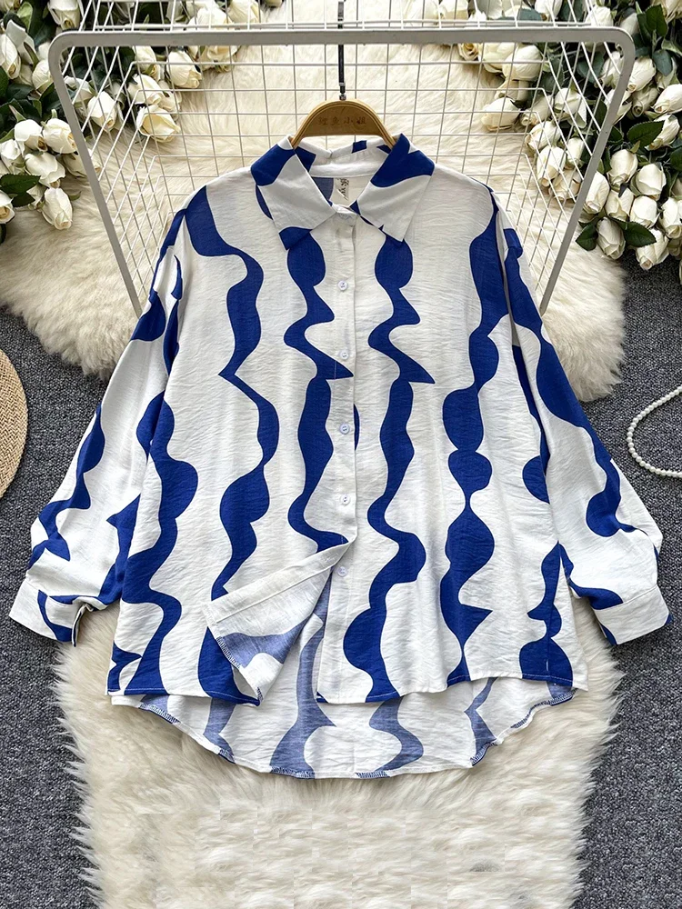 Kemeja Leher Polo Cetak Gaya Perancis Retro Musim Semi Musim Gugur untuk Wanita Atasan Blus Lengan Panjang Longgar dan Unik Modis Baru C165