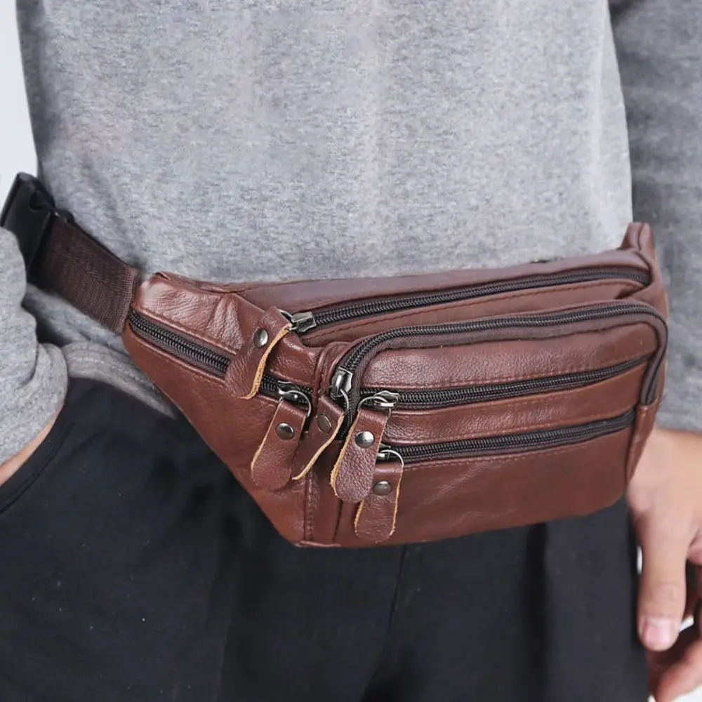 Solid Color Genuine Leather Fanny Bag Adjustable Buckle Strap Multi-layered Men's Chest Pouch Wear-resistant Zipper Hip Belt Bag