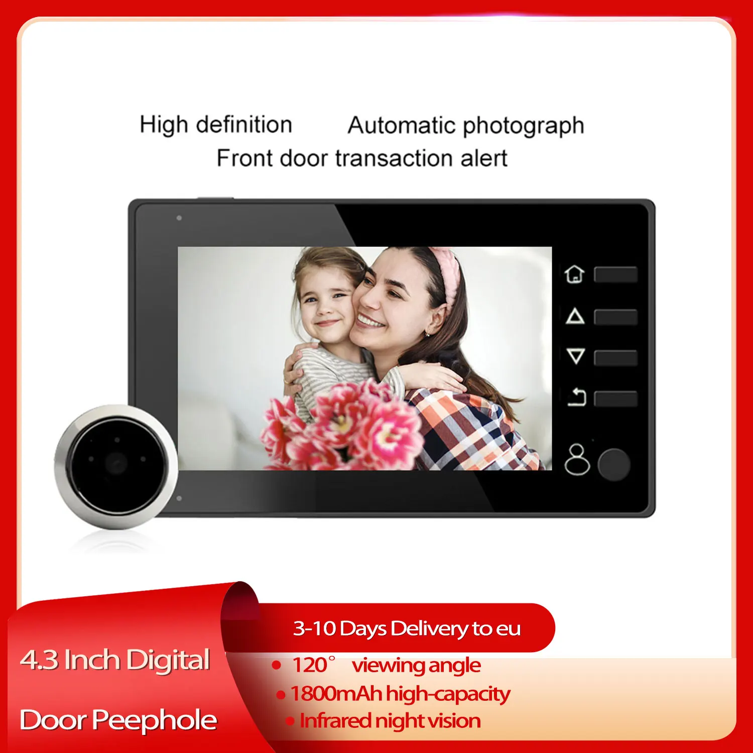 

1MP Monitor Camera 4.3 Inch HD Display Doorbell Peephole PIR Motion Detection Door Viewer Infrared Night Vision Cat Eye Doorbell