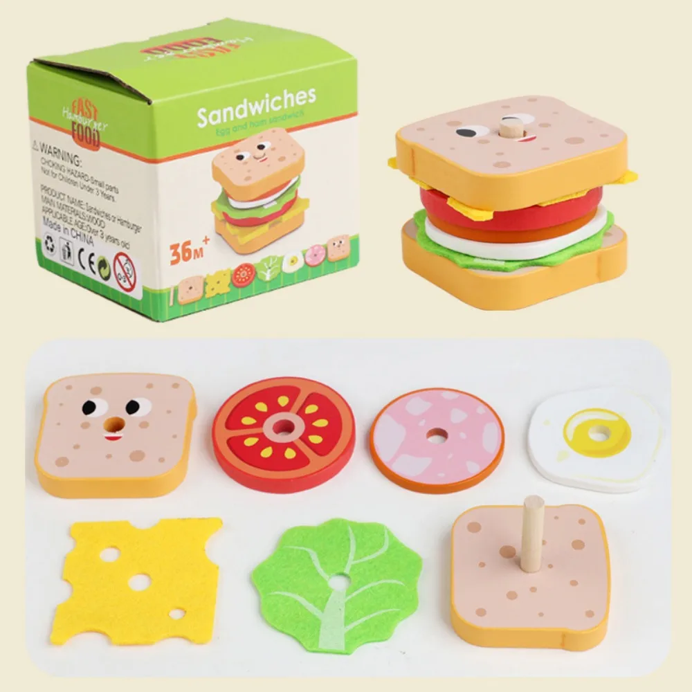 

Wooden Playing House Burger Toys Hamburger Sandwich Stacking Game Pretend Play Kitchen Food Toys Interactive Features