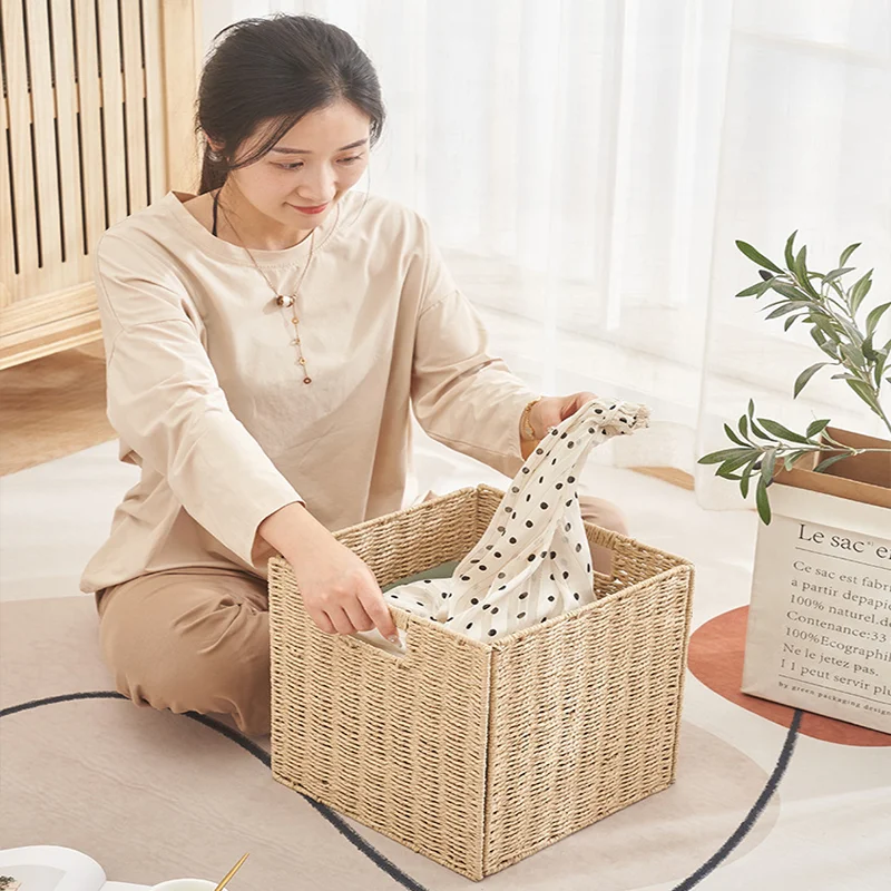 Woven Cube Foldable Storage Bins Basket Organizer with Handle Organizing Laundry Cube Furniture Shelving in Closet Basket