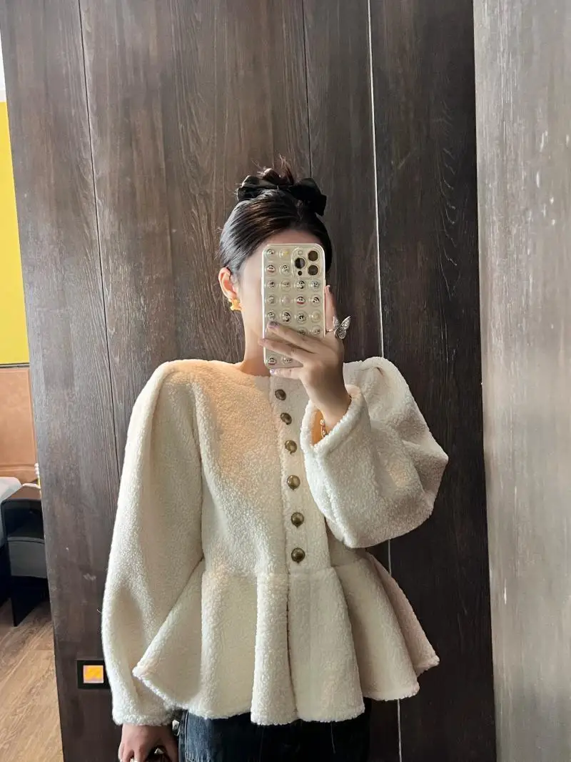 Korea Skirt Style Lamb Velvet Sweet Coat Chic Buttons Single Breasted Ruffles Coats Korean Solid Puff Long Sleeves Jacket