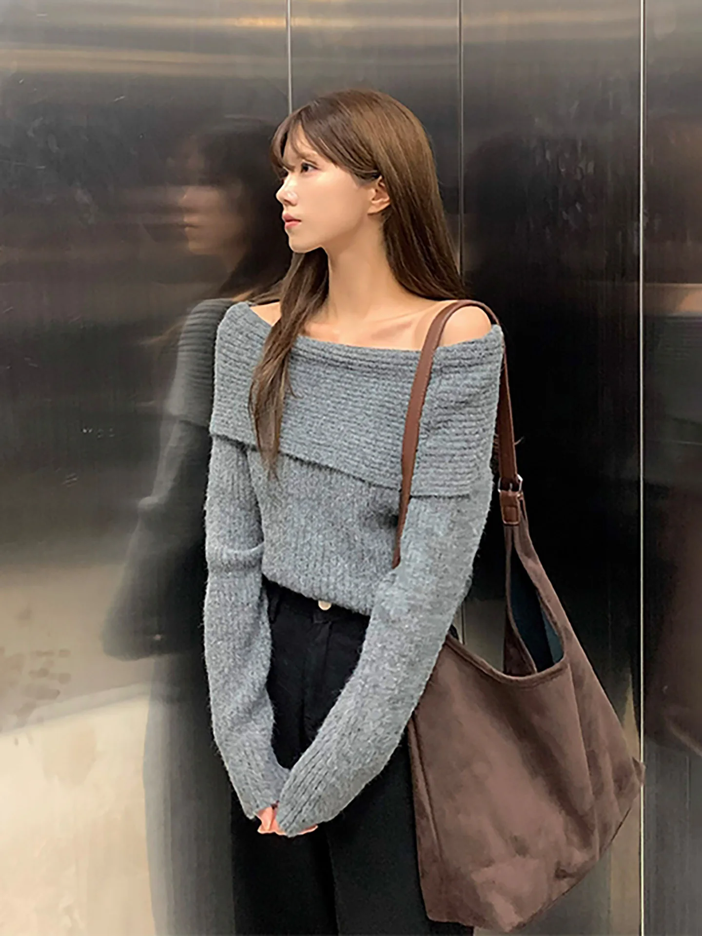 

Retro Korean Sle Lazy Sle oulder Bared Knitted Sweater Women's Simple Collar One Word Leading Faion Autumn Winter