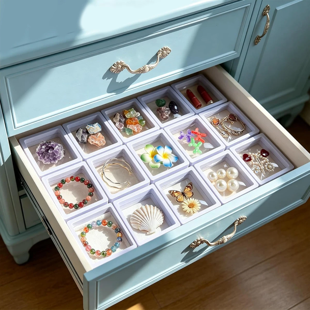 30pcs Portable 3D Floating White/Black Jewelry Display Box Transparent PE Film Anti Oxidation Pendant Bracelet Storage Box