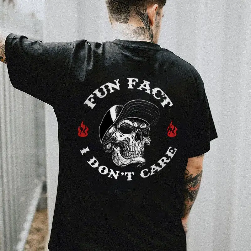 

Men's Funny T-shirt Fun Fact I Don't Care Sarcastic Skull Print Streetwear Hip Hop Graphic Tee Cool Gothic Top