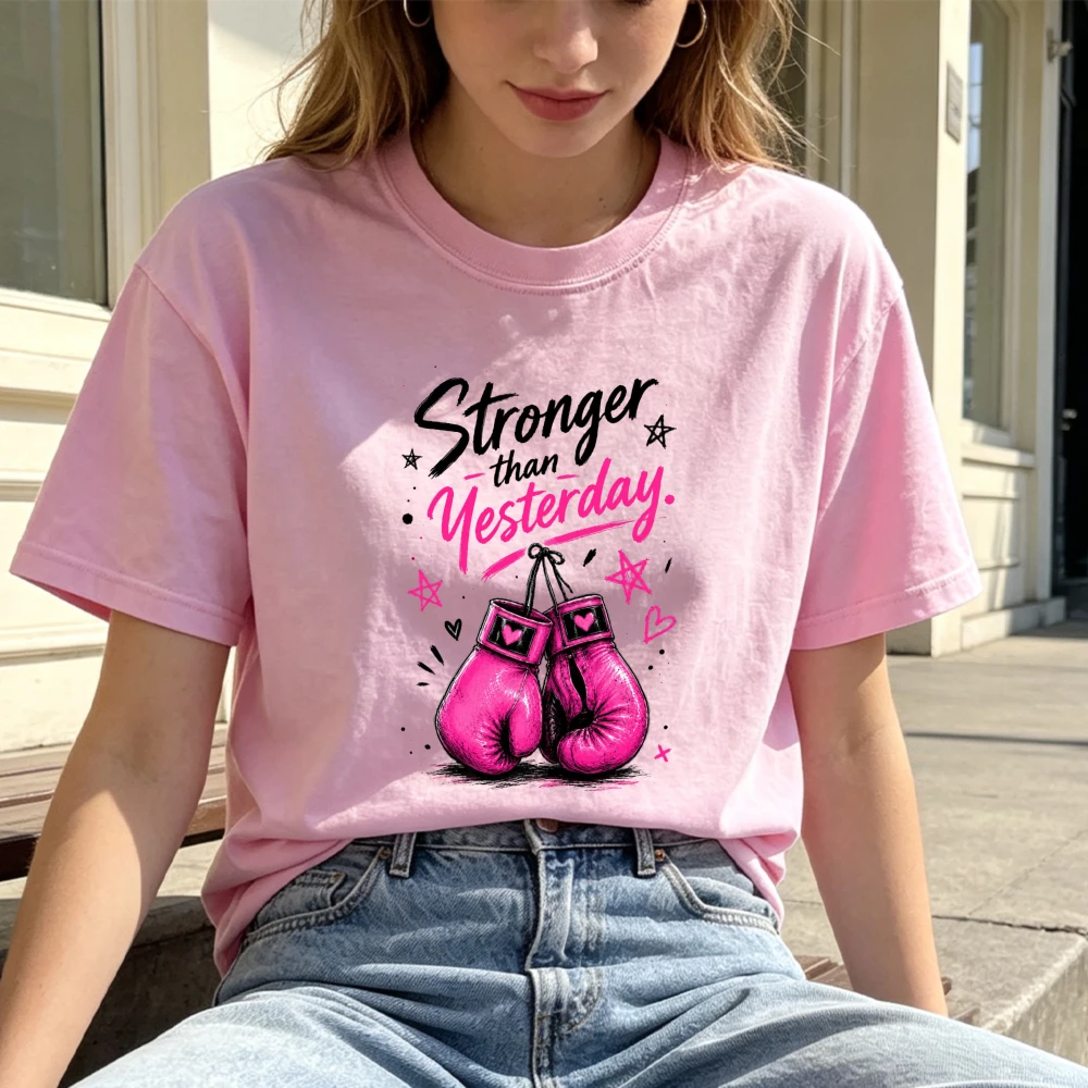 Stronger Than Yesterday Boxing Gloves Graphic Women Fall Tee Short‑Sleeve Autumn Street Style Top Breast Cancer Survivor Y2k Top