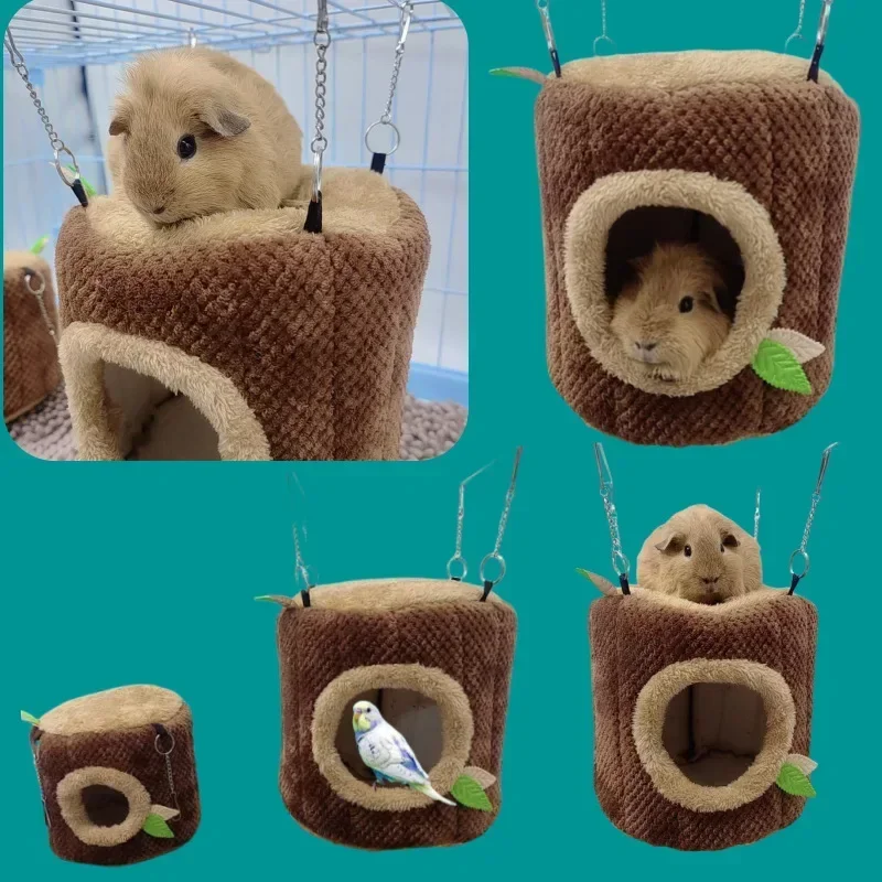 Small Animals Pet House Hamster Nest Stump Shaped Round Hang Hammock Guinea Pig Ferret Squirrel Rabbit Winter Warm Cotton Beds