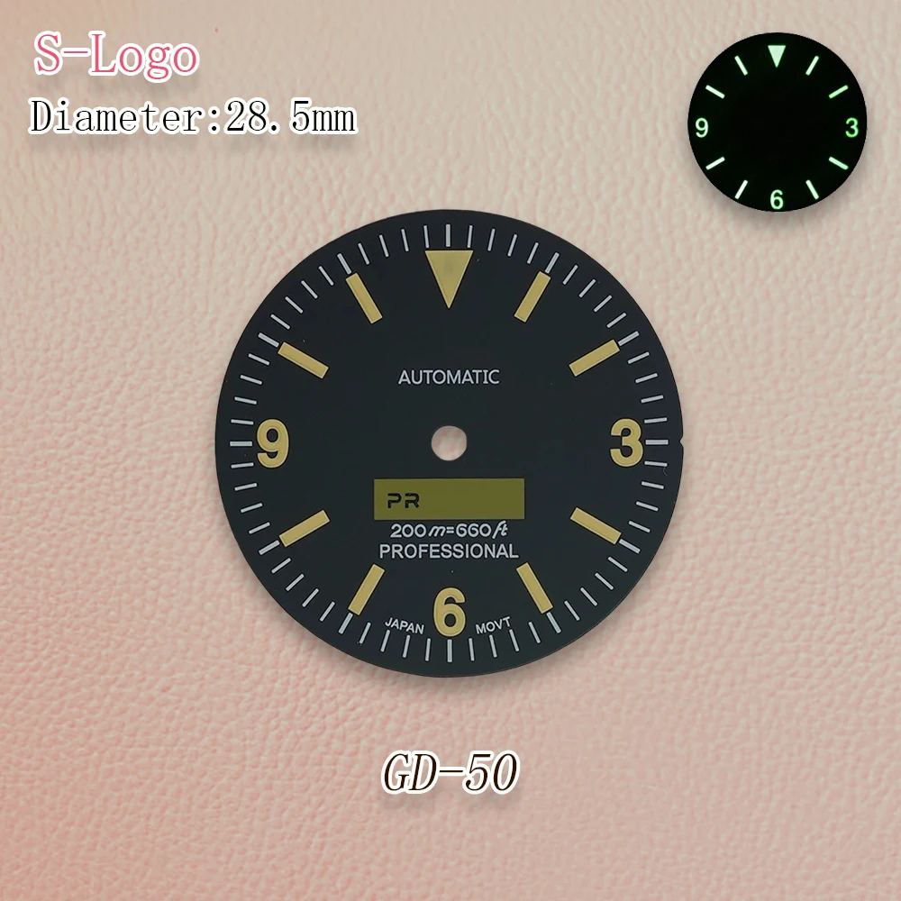 28.5mm S Logo Retro Matte Black Dial Suitable For NH35/NH36/4R/7S Movement Green Luminous Watch Modification Accessories