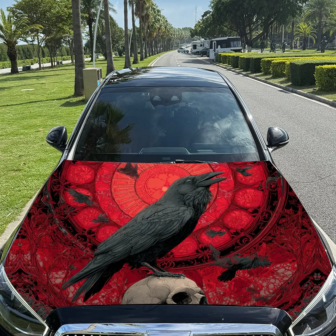 

Виниловая пленка для автомобиля Raven and Skull Under Scarlet Totem, водонепроницаемая наклейка на капот автомобиля из ПВХ, самоклеящаяся устойчивая к царапинам St