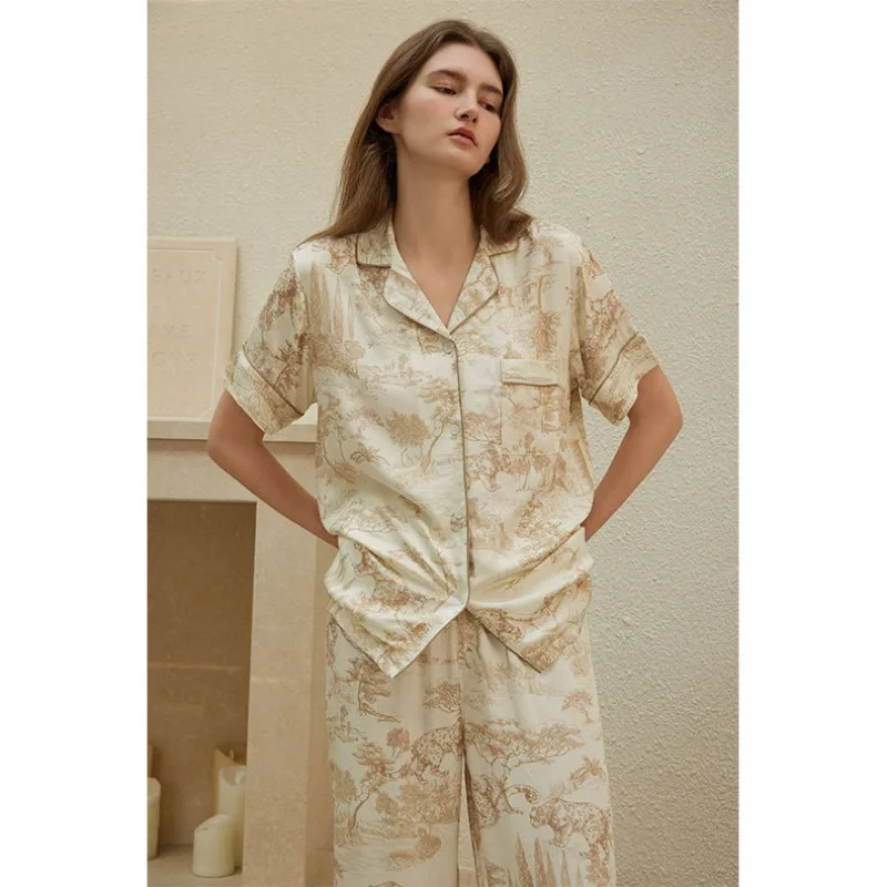 2024 Satin Light Caramel Color Mori Mystery Printing Lapel Pocket Short-sleeved Loungewear Cotton Silk Pajamas for Women Set