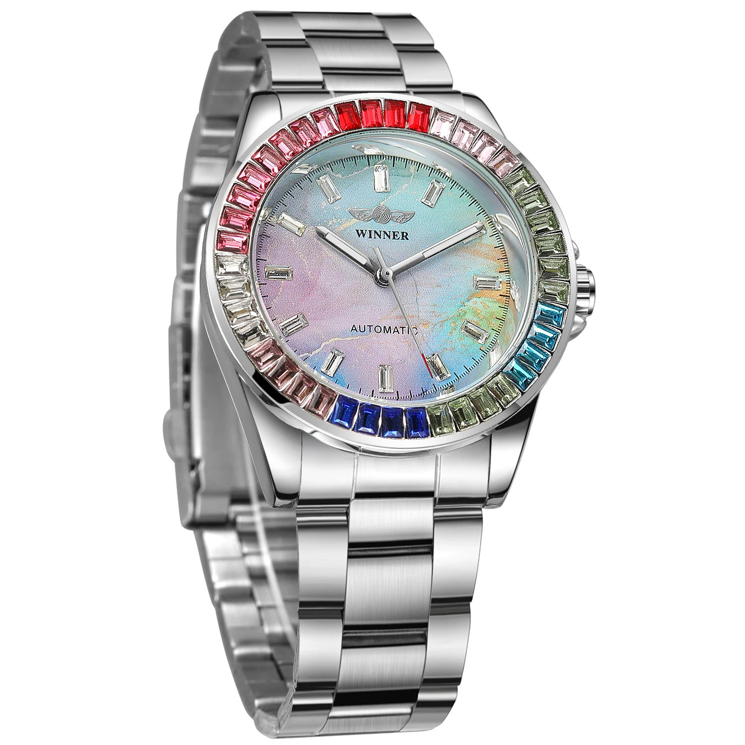 Winner 002A Men\'s Automatic  Watches Diamonds Watch Male  colorful Skeleton Waterproof Stainless Steel Top Brand Clock